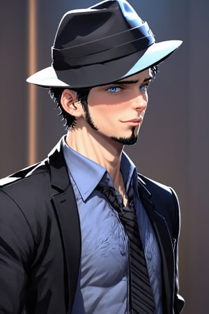 SalomanElfric, 27yo, solo, short hair, blue eyes, shirt, black hair, sole_male, fedora hat, jacket, upper body, male focus, necktie, black jacket, black headwear, (facial hair,sideburns, goatee:1.3), formal, suit, mature male, cartoon, unreal engine