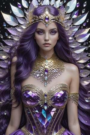 Serious purple long hair girl, adorned in a dazzling fantasy-inspired glass fantasy golden strapless dress, includes an eye-covering mask, perfect skin, Broken Glass effect, no background, stunning, something that even doesn't exist, oil paint, crystal_clear, crystals made out of leaves, skpleonardostyle, upper body