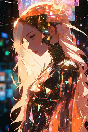 score_9, score_8, score_7, masterpiece, extremely detailed, broken glass effect, 1girl, solo, cyberpunk, transparent, cyborg, vivid, see-through, translucent, neon, detailed background, bokeh, creepy, vintage, see-through, facing front, upper body, internal organs, , orange hair, long hair, tied hair, hair over one eye, braless, long dress made of broken glass, crystal mask that refract light