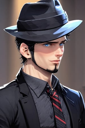 SalomanElfric, 35yo, solo, short hair, blue eyes, shirt, black hair, sole_male, fedora hat, jacket, upper body, male focus, necktie, black jacket, black headwear, (facial hair,sideburns, goatee:1.3), formal, suit, mature male, cartoon, unreal engine