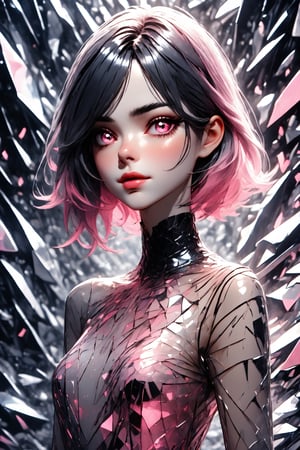 Utra, 1girl in a silk dress made of glass shards, thin delicate lips smirking with a closed mouth,  white skin,  black chin lenght hair and pink eyes, 4k, hd, unreal engine, 3d render, realistic,shards
