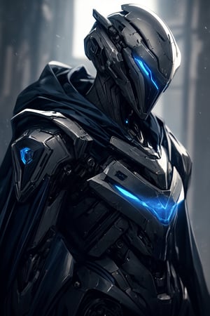 (masterpiece, best quality) extremely detailed, intricately detailed, ((portrait)), 1_boy, ((robot, wizard,assasin)), (Steel smooth armor, dark blue trim, cloth attachments, blue cloak), minimalist helmet, glowing eyes, chiaroscuro lighting, ray tracing, polished, high resolution, volumetric lightning, ,WARFRAME,medieval armor,robot