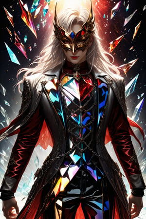 1boy, (fantasy masquerade mask), white long hair, (strait hair), (golden eyes), crimson red fantasy-inspired mirrored broken glass shards suit, eye-covering masculine mask, crystal, chains, ((Broken Glass effect)), no background, cleam shave, stunning, something that even doesn't exist, mythical being, energy, textures, iridescent and luminescent shards, divine presence, cowboy shot, Volumetric light, auras, rays, vivid colors reflects, Broken Glass effect, eyes shoot, oil paint, male focus, 3d render, digital art, realistic