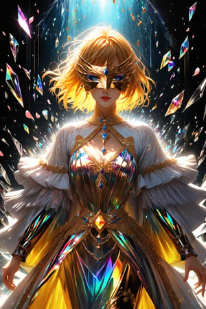 1girl, golden yellow short hair, (strait hair), (blue eyes), ranbow red fantasy-inspired mirrored glass shards expensive clothes, long cut neckline, eye-covering mask, crystal, petals falling, Broken Glass effect, no background, stunning, something that even doesn't exist, mythical being, energy, textures, iridescent and luminescent shards, divine presence, cowboy shot, Volumetric light, auras, rays, vivid colors reflects, Broken Glass effect, eyes shoot, oil paint, male focus, 3d render, digital art, realistic