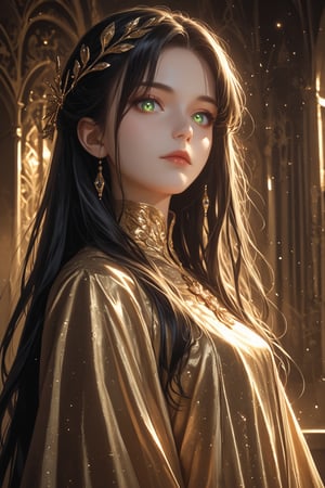 (score_9, score_8_up, score_7_up), (Masterpiece), (detailed background), (intricate details), 2d art
BREAK
1girl, matriarch, solo_female, green shining eyes, black hair, very long hair, strait hair, perfect skin, golden aura,
BREAK
shining black silk dress, imponent pose, alluring, mystic, revealing dark clothes, perfect body, dynamic angle, side shot, looking down at the viewer, 
BREAK
edgy and dramatic fashion photography, bloom, volumetric lighting, bloom, saturated colors, smooth style, upperbody, face focus, particles, perfect eyes,