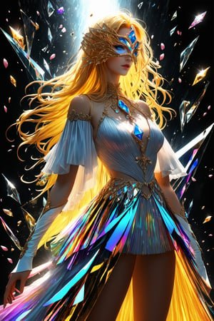 1girl, golden yellow long hair, (strait hair), (blue eyes), ranbow red fantasy-inspired mirrored glass shards expensive clothes, long cut neckline, eye-covering mask, crystal, petals falling, Broken Glass effect, no background, stunning, something that even doesn't exist, mythical being, energy, textures, iridescent and luminescent shards, divine presence, cowboy shot, Volumetric light, auras, rays, vivid colors reflects, Broken Glass effect, eyes shoot, oil paint, male focus, 3d render, digital art, realistic