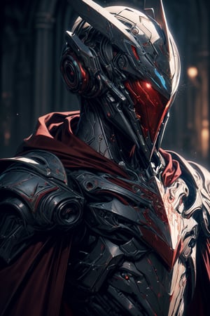 (masterpiece, best quality) extremely detailed, intricately detailed, ((portrait)), 1_boy, ((robot, wizard,assasin)), (Steel armor, dark red trim, red cloth attachments, blue cloak), glowing eyes, chiaroscuro lighting, ray tracing, polished, high resolution, volumetric lightning, ,WARFRAME,medieval armor,robot