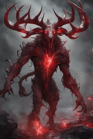 Wendigo, elk anthro, (skinless, gore, decayed:1.5), portrait photo made of flesh, skeleton face, sharp horns, veins, muscles, (transparent skin:1.5), nightmare creature, dangerous mutant, intricate and tall details, doom, human skulls on the ground, deep red eyes,full body,anthro,photo,monster,DonMD3m0nV31nsXL