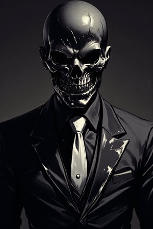 A close-up shot of a mysterious figure dressed in a sleek black suit, complete with a crisp white tie. the man is a silver mettalic skeleton and skull catches the light ominously. The mask's angular features seem to gleam with an air of sophistication, as if hiding secrets beneath its metallic surface. The background is a dark, muted tone, allowing the subject's striking attire to take center stage. REALNIME