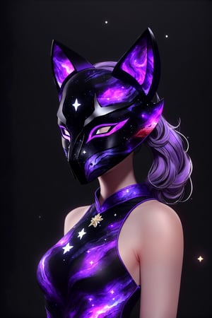 1girl, solo, (slim), simple background, gloves, animal ears, full body, (black skin), grey background, glowing, no pupils, (human_lip), starry sky print, (purple wolf mask:1.2), sleek mask, 1 mask, (black celestial Ao Dai:1.2), dinamic photo, mystic, 3d render, unreal engine, Celestial Skin,