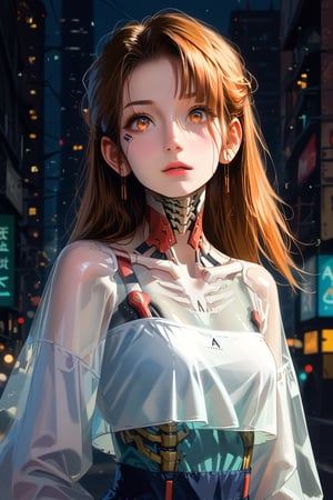 score_9, score_8, score_7, masterpiece, extremely detailed, 1girl, solo, cyberpunk, transparent, cyborg, vivid, see-through body, transparent body, skeleton, translucent, neon, city, detailed background, bokeh, creepy, vintage, see-through, facing front, upper body, internal organs, croptop, leggings, orange hair, caramel eyes, long hair, tied hair, hair over one eye, braless