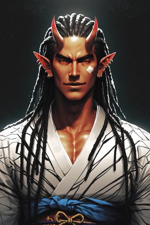 score_9, score_8_up, score_7_up, digital art, halftone effect, masterpiece. realistic, male, upper_body, darkskin, manly, very long hair, (dreadlocks), upper body, horns, pointy elf ears, multiple ear piercings, black background, oni horns, dynamic pose, hair oranments, smug, (montsuki), (one-sholder) yukata, one sleeved kimono, ((katahada)), japanese clothing, bandages, night background