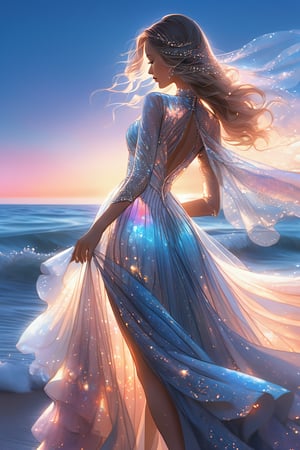 ultra detailed close up illustration of a woman at the seashore after sunset,  she wears a flowy holographic dress made of silk and tulle and very glowy,  bioluminiscent, fantasy art, dreamlike, backlit, dynamic pose, digital art, masterpiece, 3d render, ray-tracing, vibrant