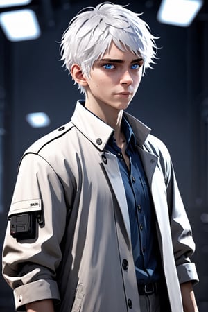 SalomanElfric, 22yo, solo, short hair, blue eyes, shirt, white hair, messy_hair, full body, male focus, mature male, unreal engine, sci-fi, full body, standing, grandiose, laboratory long coat