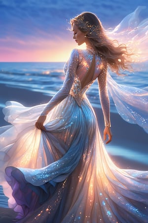 ultra detailed close up illustration of a woman at the seashore after sunset,  she wears a flowy holographic dress made of silk and tulle and very glowy,  bioluminiscent, fantasy art, dreamlike, backlit, dynamic pose, digital art, masterpiece, 3d render, ray-tracing, vibrant