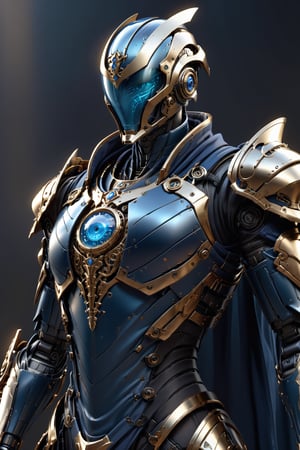 (masterpiece, best quality) extremely detailed, intricately detailed, ((portrait)), (1 robot, slim body) , (artificer, assasin), ((light) streampunk armor under clothes, dark blue trim, cloth attachments, blue cloak), lightning gem, 27yo, fit, chiaroscuro lighting, ray tracing, polished, high resolution, volumetric lightning, simple background,medieval armor, robot armor, Lenny, outline, reflexive helmet,ParallelObserver