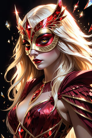 1 girl, (fantasy masquerade mask), blunt bangs, white long hair, strait hair, (golden eyes), crimson red fantasy-inspired mirrored glass shards fantasy dress, pluge neckline, eye-covering mask, crystal, loose brushstrokes, Broken Glass effect, no background, stunning, something that even doesn't exist, mythical being, energy, textures, iridescent and luminescent shards, divine presence, Volumetric light, auras, rays, vivid colors reflects, Broken Glass effect, eyes shoot, oil paint,tag score