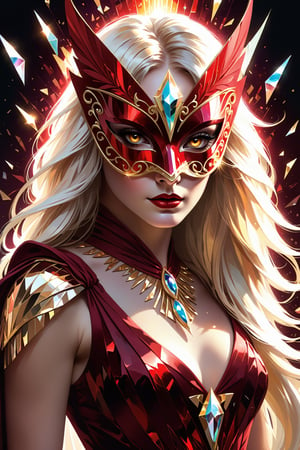 1 girl, (fantasy masquerade mask), blunt bangs, white long hair, strait hair, (golden eyes), crimson red fantasy-inspired mirrored glass shards fantasy dress, pluge neckline, eye-covering mask, crystal, loose brushstrokes, Broken Glass effect, no background, stunning, something that even doesn't exist, mythical being, energy, textures, iridescent and luminescent shards, divine presence, Volumetric light, auras, rays, vivid colors reflects, Broken Glass effect, eyes shoot, oil paint,tag score