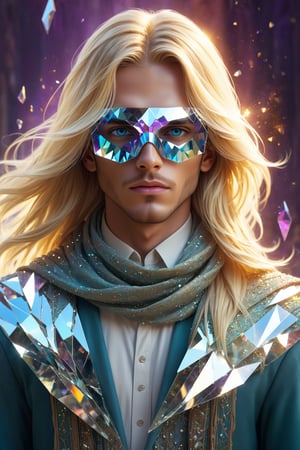 1boy, cleam shave, blonde, long hair, layered hair, swiped back, transparent fantasy-inspired mirrored glass shards Arabic clothes, broken crystal scarf, (eye-covering mask:1.2) , crystal, bokeh, Broken Glass effect, no background, stunning, something that even doesn't exist, mythical being, energy, textures, iridescent and luminescent shards, divine presence, cowboy shot, Volumetric light, auras, rays, vivid colors reflects, Broken Glass effect, eyes shoot, oil paint, male focus, 3d render, digital art, realistic, art booster, fflixmj6,Crystal style