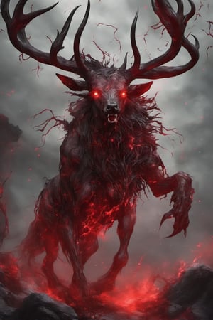 Wendigo, elk anthro, (skinless, gore, decayed:1.5), portrait photo made of flesh, skeleton face, sharp horns, veins, muscles, (transparent skin:1.5), nightmare creature, dangerous mutant, intricate and tall details, doom, human skulls on the ground, deep red eyes,full body,anthro,photo,monster,DonMD3m0nV31nsXL