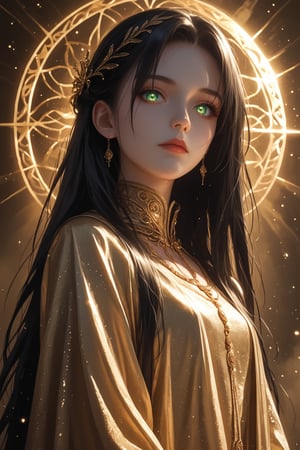 (score_9, score_8_up, score_7_up), (Masterpiece), (detailed background), (intricate details), 2d art
BREAK
1girl, matriarch, solo_female, green shining eyes, black hair, very long hair, strait hair, perfect skin, golden aura,
BREAK
shining black silk dress, imponent pose, alluring, mystic, revealing dark clothes, perfect body, dynamic angle, side shot, looking down at the viewer, 
BREAK
edgy and dramatic fashion photography, bloom, volumetric lighting, bloom, saturated colors, smooth style, upperbody, face focus, particles, perfect eyes,