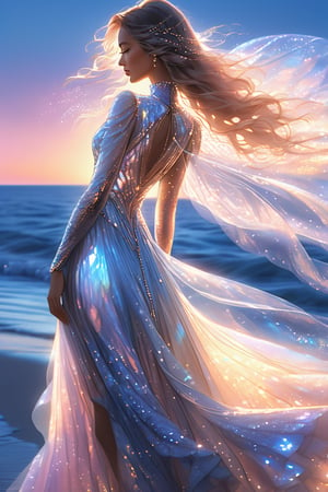 ultra detailed close up illustration of a woman at the seashore after sunset,  she wears a flowy holographic dress made of silk and tulle and very glowy,  bioluminiscent, fantasy art, dreamlike, backlit, dynamic pose, digital art, masterpiece, 3d render, ray-tracing, vibrant