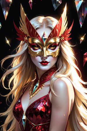 1 girl, (fantasy masquerade mask), blunt bangs, white long hair, strait hair, (golden eyes), crimson red fantasy-inspired mirrored glass fantasy dress, pluge neckline, eye-covering mask, crystal, loose brushstrokes, Broken Glass effect, no background, stunning, something that even doesn't exist, mythical being, energy, textures, iridescent and luminescent shards, divine presence, Volumetric light, auras, rays, vivid colors reflects, Broken Glass effect, eyes shoot, oil paint,tag score