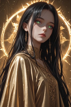 (score_9, score_8_up, score_7_up), (Masterpiece), (detailed background), (intricate details), 2d art
BREAK
1girl, matriarch, solo_female, green shining eyes, black hair, very long hair, strait hair, perfect skin, golden aura,
BREAK
shining black silk dress, imponent pose, alluring, mystic, revealing dark clothes, perfect body, dynamic angle, side shot, looking down at the viewer, 
BREAK
edgy and dramatic fashion photography, bloom, volumetric lighting, bloom, saturated colors, smooth style, upperbody, face focus, particles, perfect eyes,