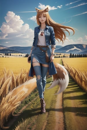 holo, long hair, wolf tail, animal ears, golden shining hair, wheat field, plains, common clothes, happy, full body, unreal_engine, ultra detailed, hdr, 4k, dynamic, action, 1tail