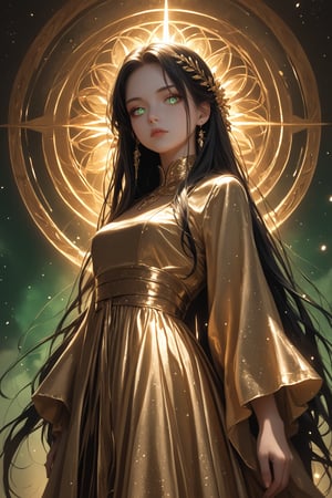 (score_9, score_8_up, score_7_up), (Masterpiece), (detailed background), (intricate details), 2d art
BREAK
1girl, matriarch, solo_female, green shining eyes, black hair, very long hair, strait hair, perfect skin, golden aura,
BREAK
shining black silk dress, imponent pose, alluring, mystic, revealing dark clothes, perfect body, dynamic angle, side shot, looking down at the viewer, 
BREAK
edgy and dramatic fashion photography, bloom, volumetric lighting, bloom, saturated colors, smooth style, upperbody, face focus, particles, perfect eyes,