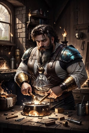 Hephaestus, smithing god, (blacksmith dwarf), solo, 1boy, holding, weapon, male focus, muscular, facail hair, green_eyes, brown_hair, white long beard, hammer, smithy, molten metal, caudron, white hot metal, realistic, unreal engine, hdr ,Fantasy, worldoffire, firefliesfireflies,light rays,leonardo, art_deco_fusion