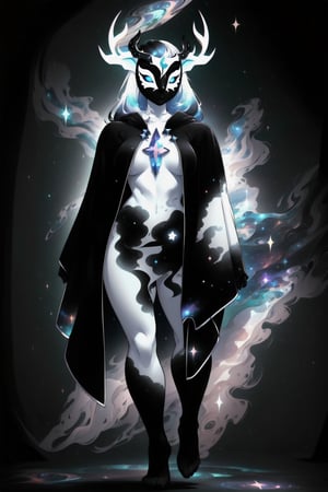 solo, tall, mature, long hair, simple background, gloves, animal ears, full body, (black skin), grey background, glowing, no pupils, starry sky print, (white elk mask:1.2), white horns, (black celestial clothes:1.2), dinamic photo, mystic, 3d render, unreal engine,Celestial Skin,