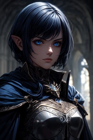 (masterpiece, best quality) extremely detailed, intricately detailed, ((portrait)), 1_boy, ((artificer, wizard,assasin)), (Steel smooth armor, dark blue trim, cloth attachments, blue cloak), black blue hair, 27yo, fit, glowing eyes, chiaroscuro lighting, ray tracing, polished, high resolution, volumetric lightning,medieval armor,roblit