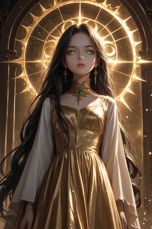 (score_9, score_8_up, score_7_up), (Masterpiece), (detailed background), (intricate details), 2d art
BREAK
1girl, matriarch, solo_female, green shining eyes, black hair, very long hair, strait hair, perfect skin, golden aura,
BREAK
shining black silk dress, imponent pose, alluring, mystic, revealing dark clothes, perfect body, dynamic angle, side shot, looking down at the viewer, 
BREAK
edgy and dramatic fashion photography, bloom, volumetric lighting, bloom, saturated colors, smooth style, upperbody, face focus, particles, perfect eyes,