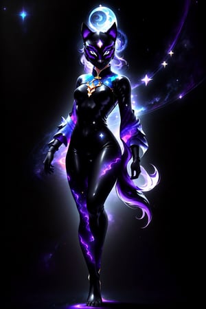 1girl, solo, (slim), simple background, gloves, animal ears, full body, (black skin), grey background, glowing, no pupils, (human_lip), starry sky print, (purple wolf mask:1.2), sleek mask, 1 mask, (black celestial Ao Dai:1.2), dinamic photo, mystic, 3d render, unreal engine, Celestial Skin,