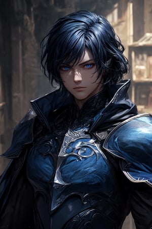 (masterpiece, best quality) extremely detailed, intricately detailed, ((portrait)), 1_boy, ((artificer, wizard,assasin)), (Steel smooth armor, dark blue trim, cloth attachments, blue cloak), black blue hair, 27yo, fit, glowing eyes, chiaroscuro lighting, ray tracing, polished, high resolution, volumetric lightning,medieval armor,roblit