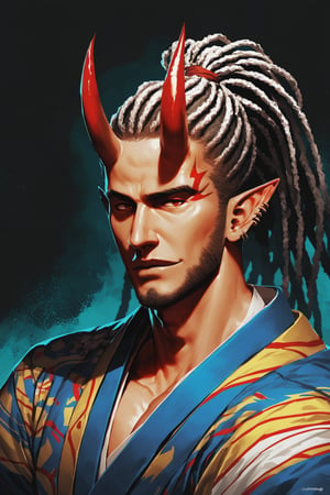 score_9, score_8_up, score_7_up, digital art, halftone effect, masterpiece. realistic, male, upper_body, darkskin, manly, very long hair, (dreadlocks), upper body, horns, pointy elf ears, multiple ear piercings, black background, oni horns, dynamic pose, hair oranments, smug, (montsuki), (one-sholder) yukata, one sleeved kimono, ((katahada)), japanese clothing, bandages, night background