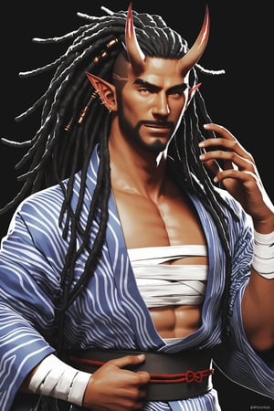 score_9, score_8_up, score_7_up, digital art, halftone effect, masterpiece. realistic, male, upper_body, darkskin, manly, very long hair, (dreadlocks), upper body, horns, pointy elf ears, multiple ear piercings, black background, oni horns, dynamic pose, hair oranments, smug, (montsuki), (one-sholder) yukata, one sleeved kimono, ((katahada)), japanese clothing, bandages, night background