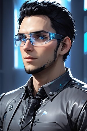 SalomanElfric, 27yo, solo, short hair, blue eyes, shirt, black hair, stylish hair swept to the right, sole male, ((facial hair, sideburns, goatee)), full body, male focus, mature male, unreal engine, realistic, 4k,HDR, sci-fi, full body, standing, grandiose, transparent glass tie, formal wear made broken shards, (stained transparent glass cyberpunk glasses:1.2)