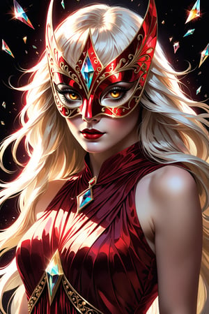 1 girl, (fantasy masquerade mask), blunt bangs, white long hair, strait hair, (golden eyes), crimson red fantasy-inspired mirrored glass silk fantasy dress, assimetric neckline, eye-covering mask, crystal, loose brushstrokes, Broken Glass effect, no background, stunning, something that even doesn't exist, mythical being, energy, textures, iridescent and luminescent shards, divine presence, Volumetric light, auras, rays, vivid colors reflects, Broken Glass effect, eyes shoot, oil paint,tag score