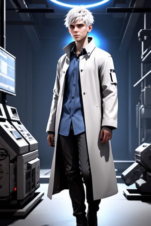 SalomanElfric, 22yo, solo, short hair, blue eyes, shirt, white hair, messy_hair, full body, male focus, mature male, unreal engine, sci-fi, full body, standing, grandiose, laboratory long coat