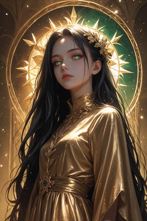 (score_9, score_8_up, score_7_up), (Masterpiece), (detailed background), (intricate details), 2d art
BREAK
1girl, matriarch, solo_female, green shining eyes, black hair, very long hair, strait hair, perfect skin, golden aura,
BREAK
shining black silk dress, imponent pose, alluring, mystic, revealing dark clothes, perfect body, dynamic angle, side shot, looking down at the viewer, 
BREAK
edgy and dramatic fashion photography, bloom, volumetric lighting, bloom, saturated colors, smooth style, upperbody, face focus, particles, perfect eyes,