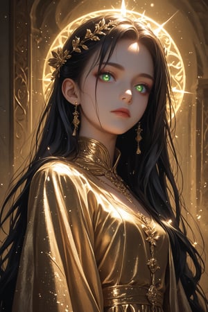 (score_9, score_8_up, score_7_up), (Masterpiece), (detailed background), (intricate details), 2d art
BREAK
1girl, matriarch, solo_female, green shining eyes, black hair, very long hair, strait hair, perfect skin, golden aura,
BREAK
shining black silk dress, imponent pose, alluring, mystic, revealing dark clothes, perfect body, dynamic angle, side shot, looking down at the viewer, 
BREAK
edgy and dramatic fashion photography, bloom, volumetric lighting, bloom, saturated colors, smooth style, upperbody, face focus, particles, perfect eyes,