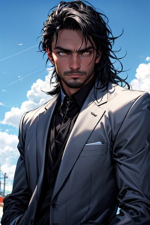calcasian man with long black hair side swept to the right, golden eyes glowing yelow, hands on pockets, white skin, wearing a black suit, big white clouds moving in a light blue sky, very luminous, 8k, realistic, Add more detail, man, disgusted face,guy, realhands,man,Add more detail,disgusted face,looking at viewer, portrait,