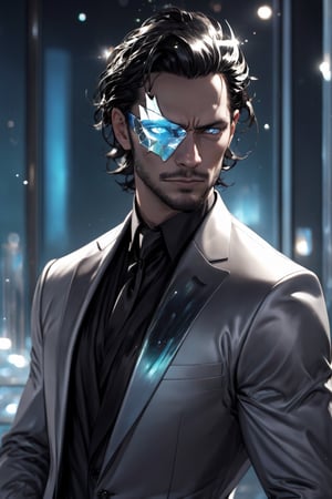 1man calcasian, masculine, mesomorph body type, swiped medium hair, (lenny:1.2), using a half-mask covering the eyes made of transparent glass, one piece formal wear made of shards of glass, realistic, (bokeh), detailed, illuminated, 3d render, unreal engine, HD, 4k