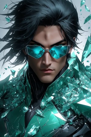 sole_male, medium black hair with layers, [square jaeline], handsome, muscular, long sleeves (clear crystal sci-fi glasses), broken glass formal green suit, white skin, (cyan eyes), short black styled hair, clean face, magnate, masterpiece, digital art, award winner, serene, bright colors, octane, 3d render, realistic, shards