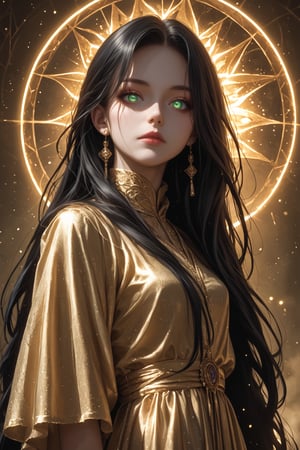 (score_9, score_8_up, score_7_up), (Masterpiece), (detailed background), (intricate details), 2d art
BREAK
1girl, matriarch, solo_female, green shining eyes, black hair, very long hair, strait hair, perfect skin, golden aura,
BREAK
shining black silk dress, imponent pose, alluring, mystic, revealing dark clothes, perfect body, dynamic angle, side shot, looking down at the viewer, 
BREAK
edgy and dramatic fashion photography, bloom, volumetric lighting, bloom, saturated colors, smooth style, upperbody, face focus, particles, perfect eyes,