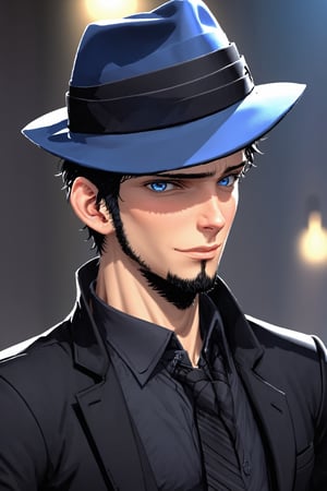 SalomanElfric, 27yo, solo, short hair, blue eyes, shirt, black hair, sole_male, fedora hat, jacket, upper body, male focus, necktie, black jacket, black headwear, (facial hair,sideburns, goatee:1.3), formal, suit, mature male, cartoon, unreal engine