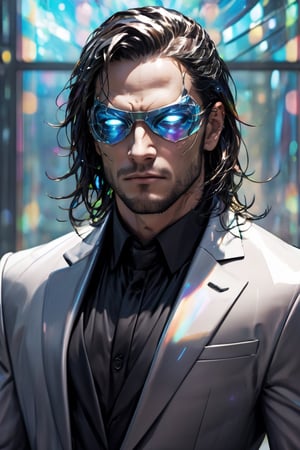 1man calcasian, masculine, mesomorph body type, swiped medium long hair, (lenny:1.2), using a abstract cyberpunk half-mask covering the eyes made of transparent glass, expensive suit made of (stained glass) , realistic, (bokeh), detailed, illuminated, 3d render, unreal engine, HD, 4k