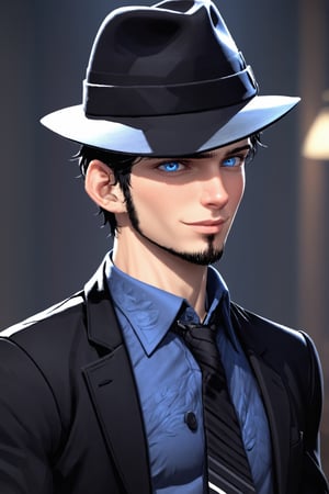 SalomanElfric, 27yo, solo, short hair, blue eyes, shirt, black hair, sole_male, fedora hat, jacket, upper body, male focus, necktie, black jacket, black headwear, (facial hair,sideburns, goatee:1.3), formal, suit, mature male, unreal engine,more detail XL